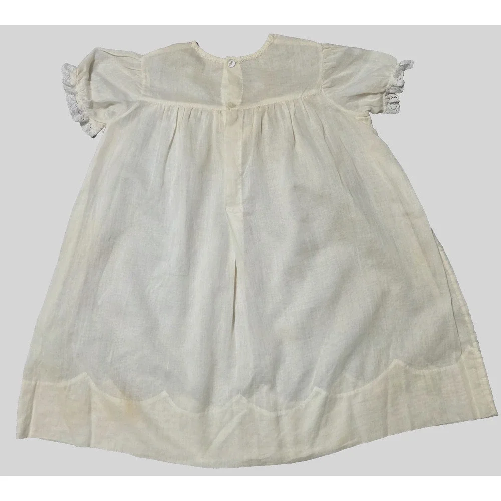 Vintage Hand Embroidered Baby Dress White Cotton Lace Scalloped Hem Christening